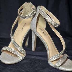 MARIPÉ Rhiana Silver Rhinestone Ankle Strap Stiletto Dress Sandals